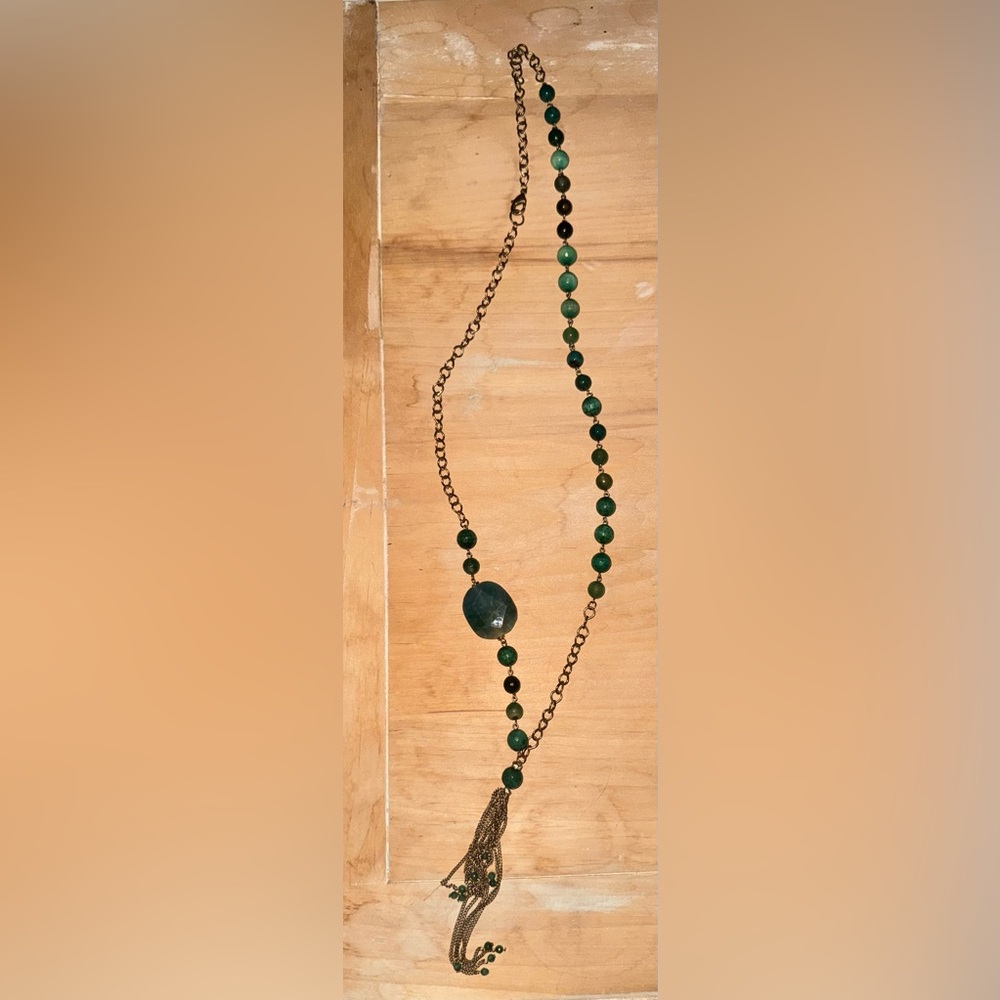 Anthropologie Green Beaded Tassel Necklace